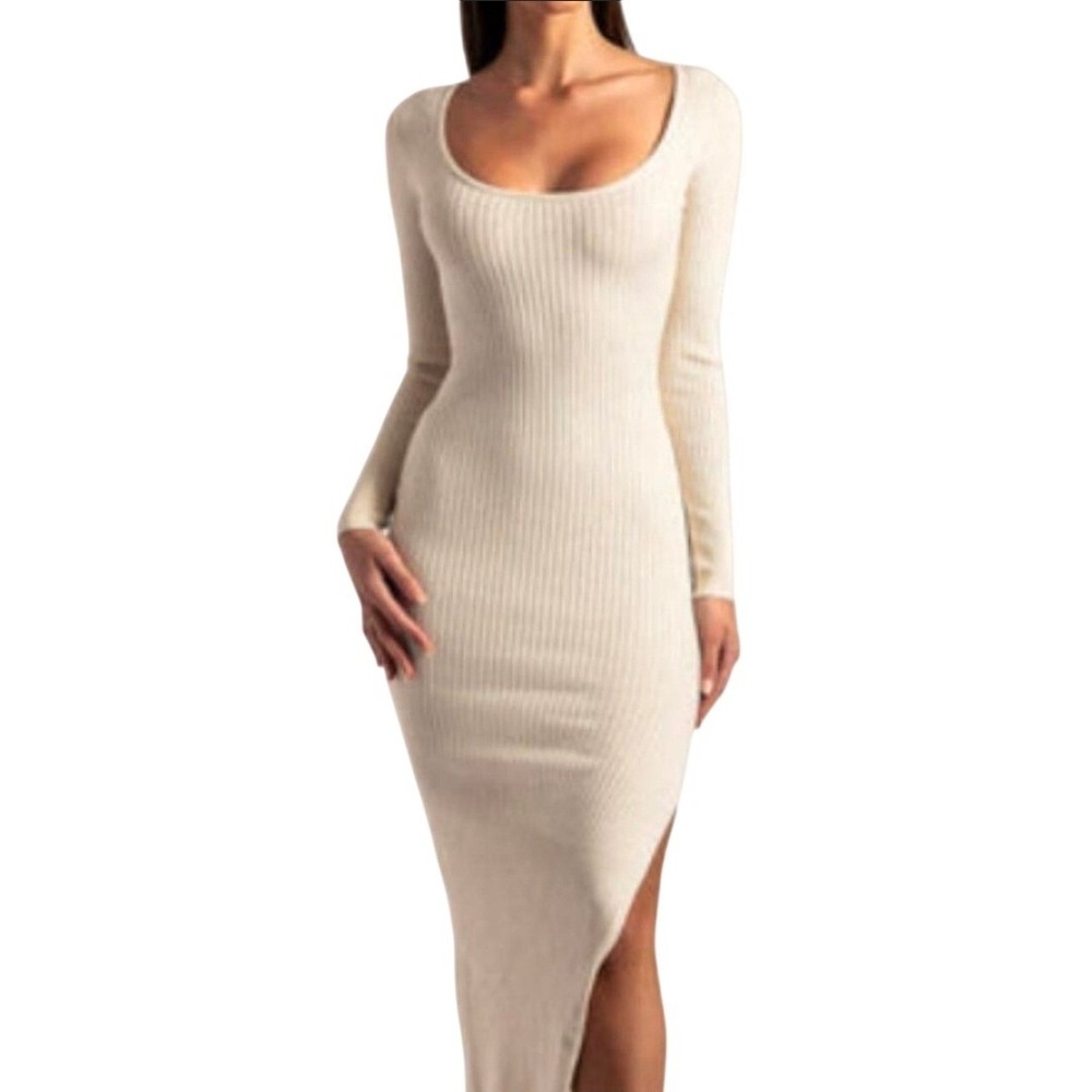 Meshki Cali Long Sleeve Sweater Knit Midi Dress Ribbed Womens Small Cream